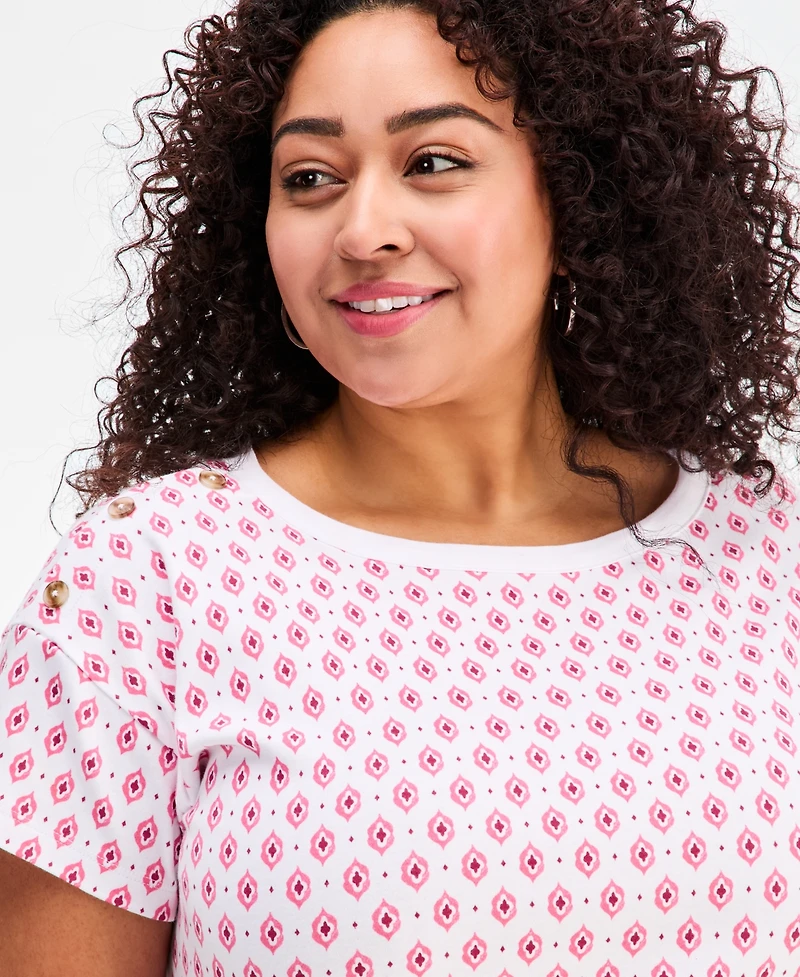 Style & Co Plus Nautical-Button Geo-Tile Cotton T-Shirt, Macy's Exclusive