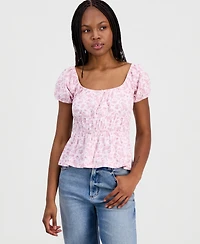 Hippie Rose Juniors' Printed Puff-Sleeve Peplum Peasant Top