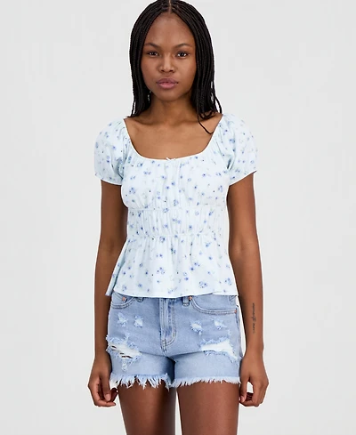 Hippie Rose Juniors' Printed Puff-Sleeve Peplum Peasant Top