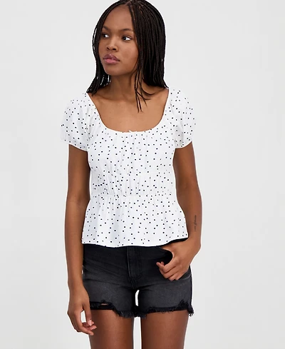 Hippie Rose Juniors' Printed Puff-Sleeve Peplum Peasant Top