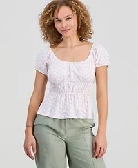 Hippie Rose Juniors' Printed Puff-Sleeve Peplum Peasant Top