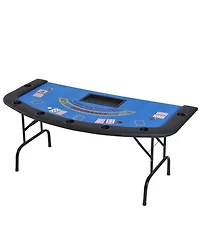 Rbied 72" Foldable Poker Table for 7 Players with Chip Tray and Cup Holders, Blue Mdf Blackjack Card Padded Rails Game Room-Rbied