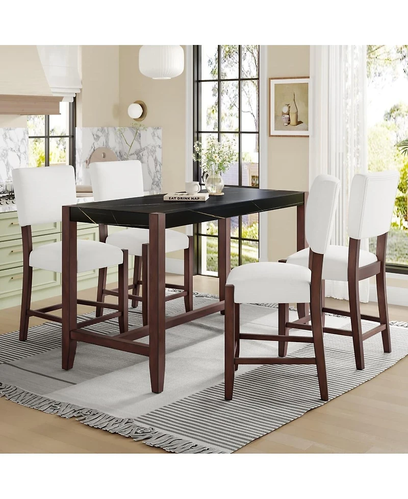 5-Piece Counter Height Dining Set, Faux Marble Table and 4 Upholstered Chairs for Small Spaces or Room-Maison Boucle