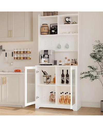 Gaomon 71" Kitchen Pantry Cabinet w/ Microwave Stand, Farmhouse Hutch & Open Storage for Food Essentials