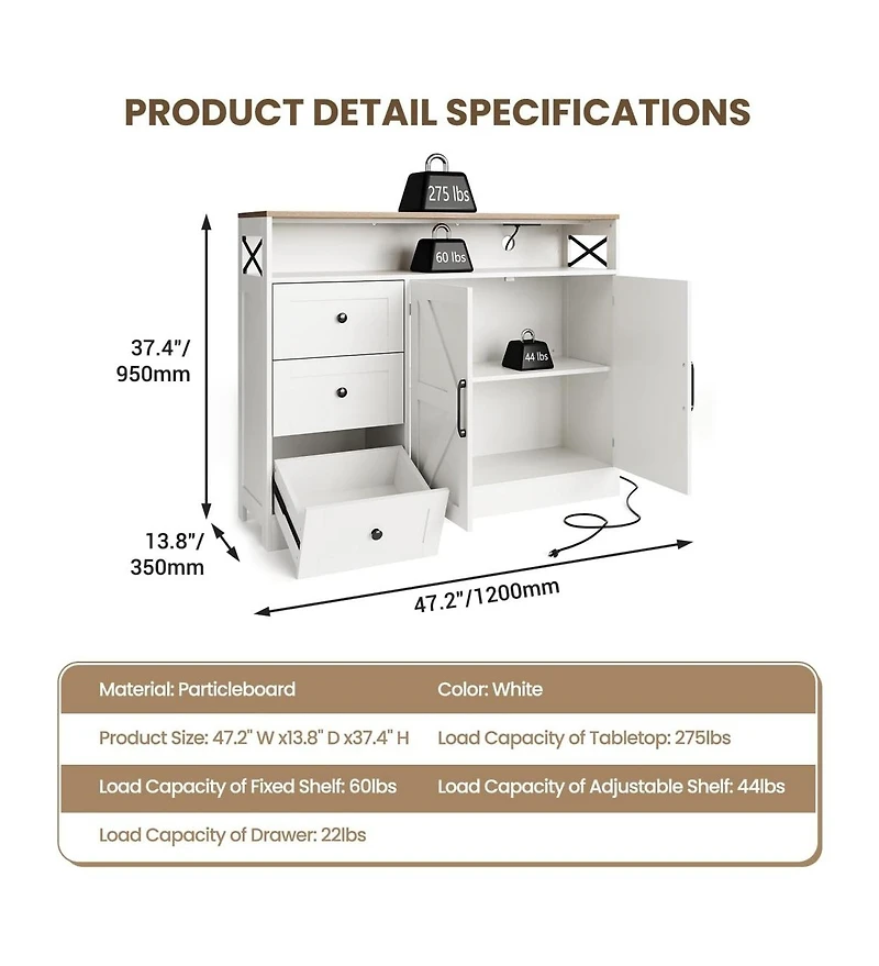 Gaomon 47.2" Buffet Cabinet with Power Outlet, 3 Drawers & 2 Barn Doors, Modern Farmhouse Sideboard Storage forLiving Room, Coffee Bar, Black