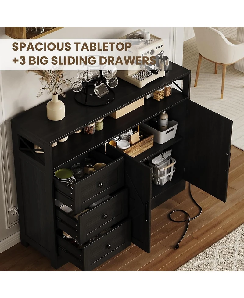 Gaomon 47.2" Buffet Cabinet with Power Outlet, 3 Drawers & 2 Barn Doors, Modern Farmhouse Sideboard Storage forLiving Room, Coffee Bar, Black