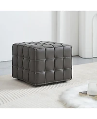 Streamdale Furniture Streamdale Genuine Leather Tufted Ottoman, Footstool for Living Room & Bedroom, Grey