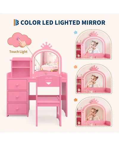 gaomon Kids Vanity Desk with Mirror and Lights, Wooden Makeup Chair, Storage Shelves Drawers, 2-in-1 Girls Dressing Table