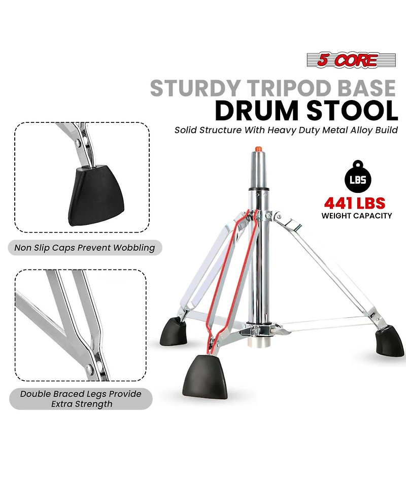 5 Core Drum Throne w Backrest 4" Padded Stool Airlift 25" Adjustable Drummer 441Lb Capacity