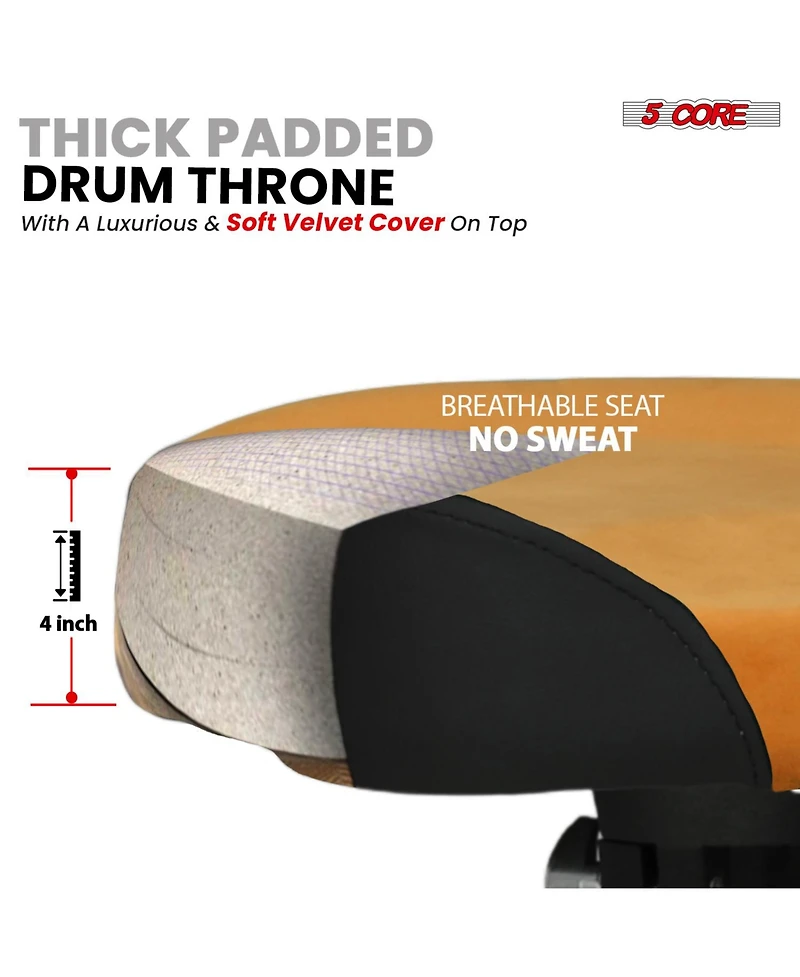 5 Core Drum Throne w Backrest 4" Padded Stool Airlift 25" Adjustable Drummer 441Lb Capacity