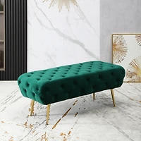 Velvet Button Tufted Bench with Gold Metal Legs, Green