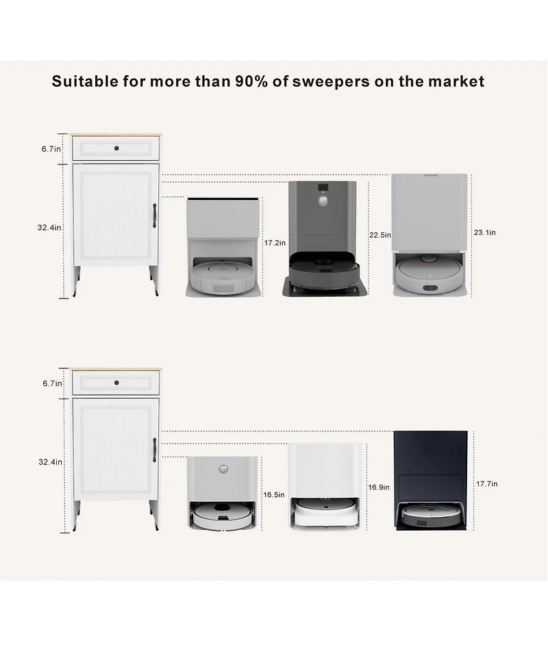 Lovmor Antique White Rolling Storage Cabinet with Adjustable Shelf and Robot Vacuum Hideaway