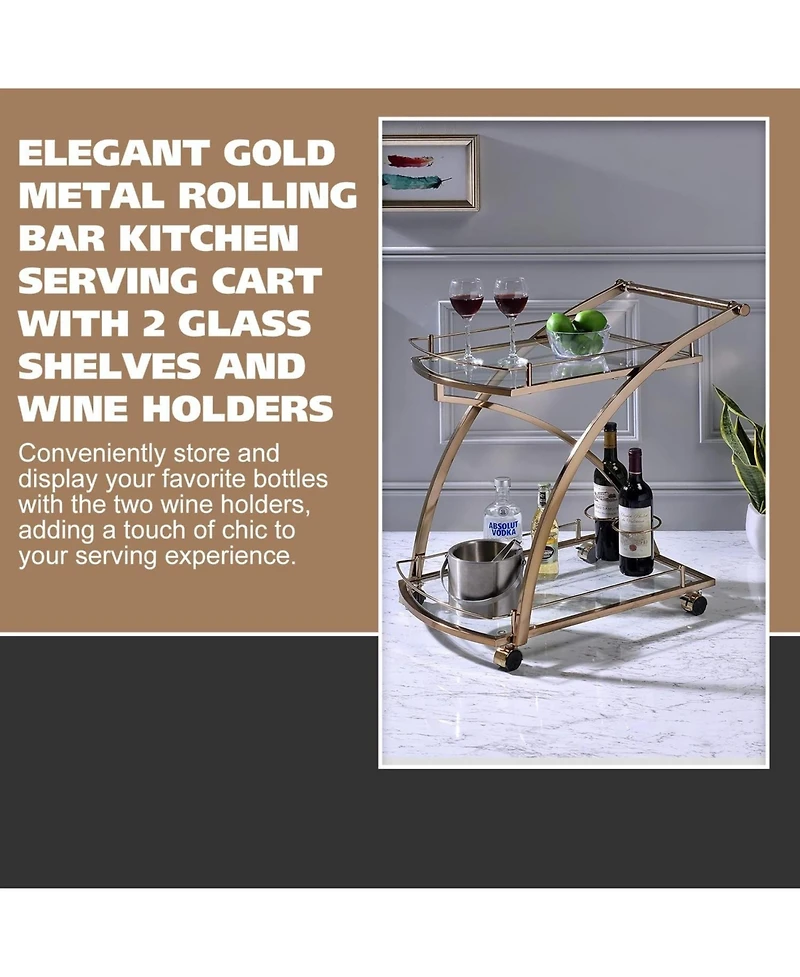 Kings Brand Furniture Gold Rolling Bar Cart with Glass Shelves & Wine Rack