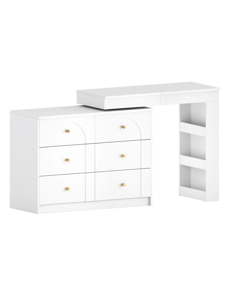 Streamdale Furniture Vanity Desk with Mirror, Lights, Flip-Top, 7 Drawers, 9 Compartments, 3 Shelves, Walnut