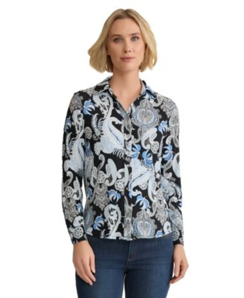 Jones New York Womens Printed Button Front Shirt