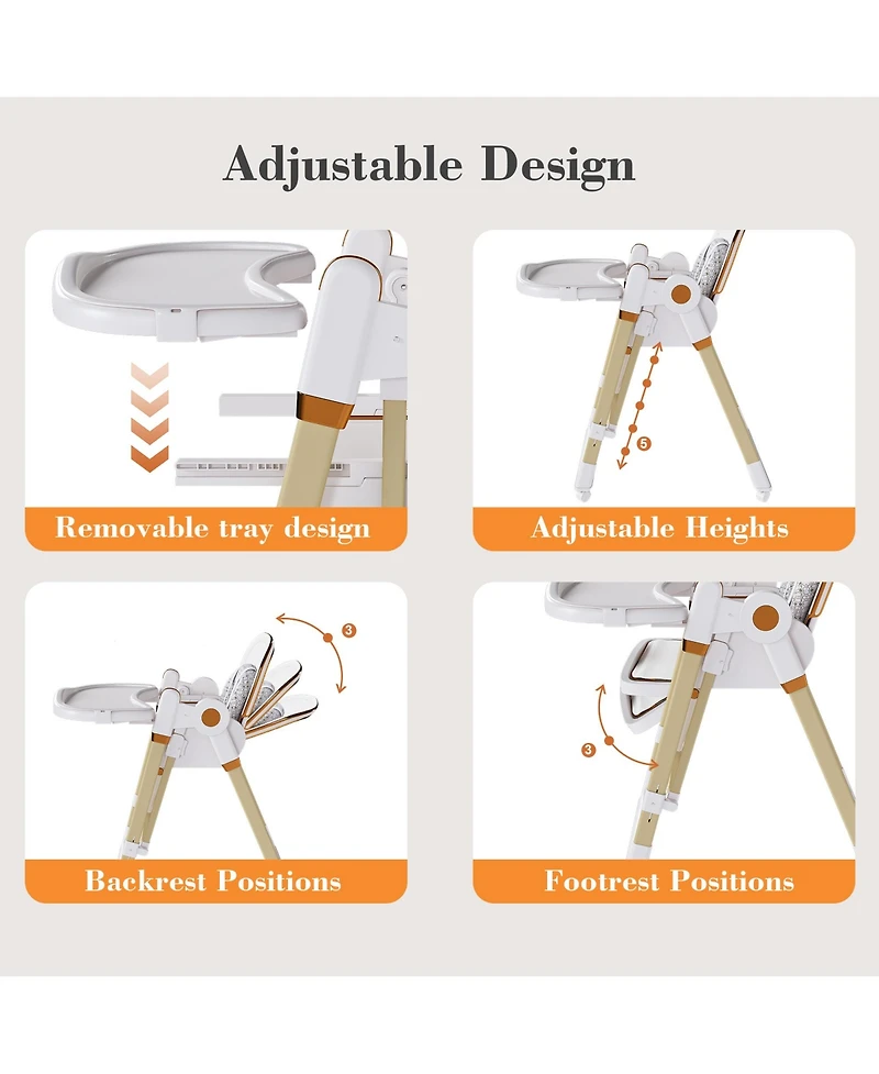 Cesicia Plastic 2-in-1 Baby High Chair Rocker with 5-Point Harness, Foldable Infant Feeding Chair with Silent Locking Wheels and Removable 2-Tier Tray