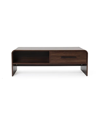 LuxenHome Walnut Finish 2-Drawer Coffee Table, Engineered Wood Open Storage Center Table with Rounded Corners for Living Room