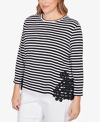 Ruby Rd. Plus Crew Neck Stripe Cotton Lace Applique Top