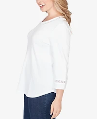 Ruby Rd. Plus Size Solid Clip Dot Lace Trim Knit Top
