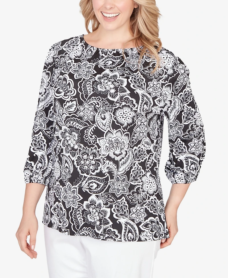 Ruby Rd. Plus 3/4 sleeves Dotted Floral Puff Print Knit Top