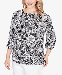 Ruby Rd. Plus 3/4 sleeves Dotted Floral Puff Print Knit Top