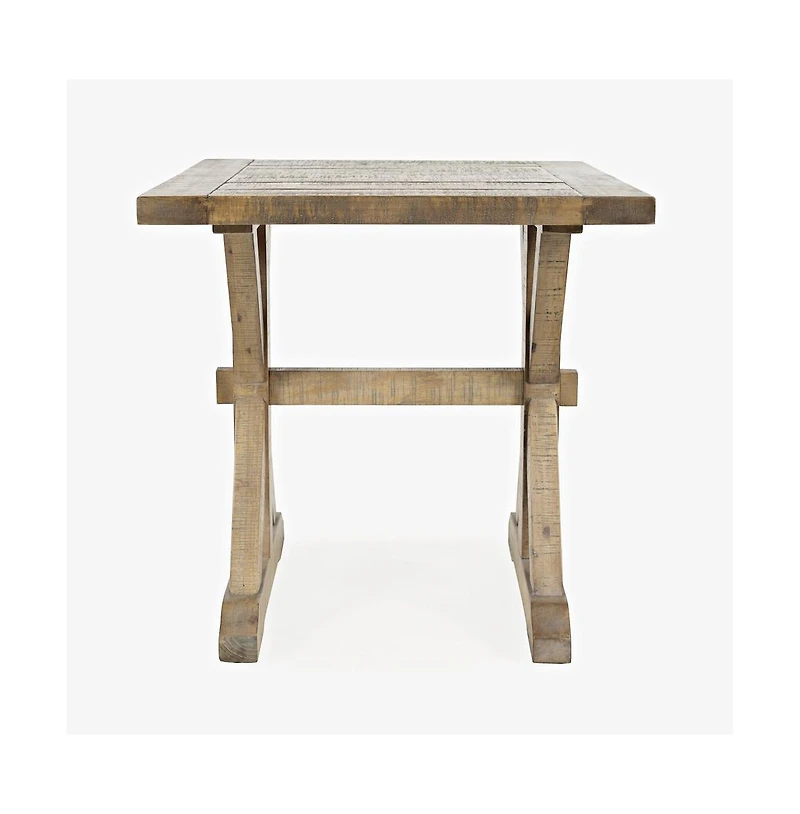 Jofran Carlyle Crossing Modern Rustic Distressed Solid Wood End Table with Trestle