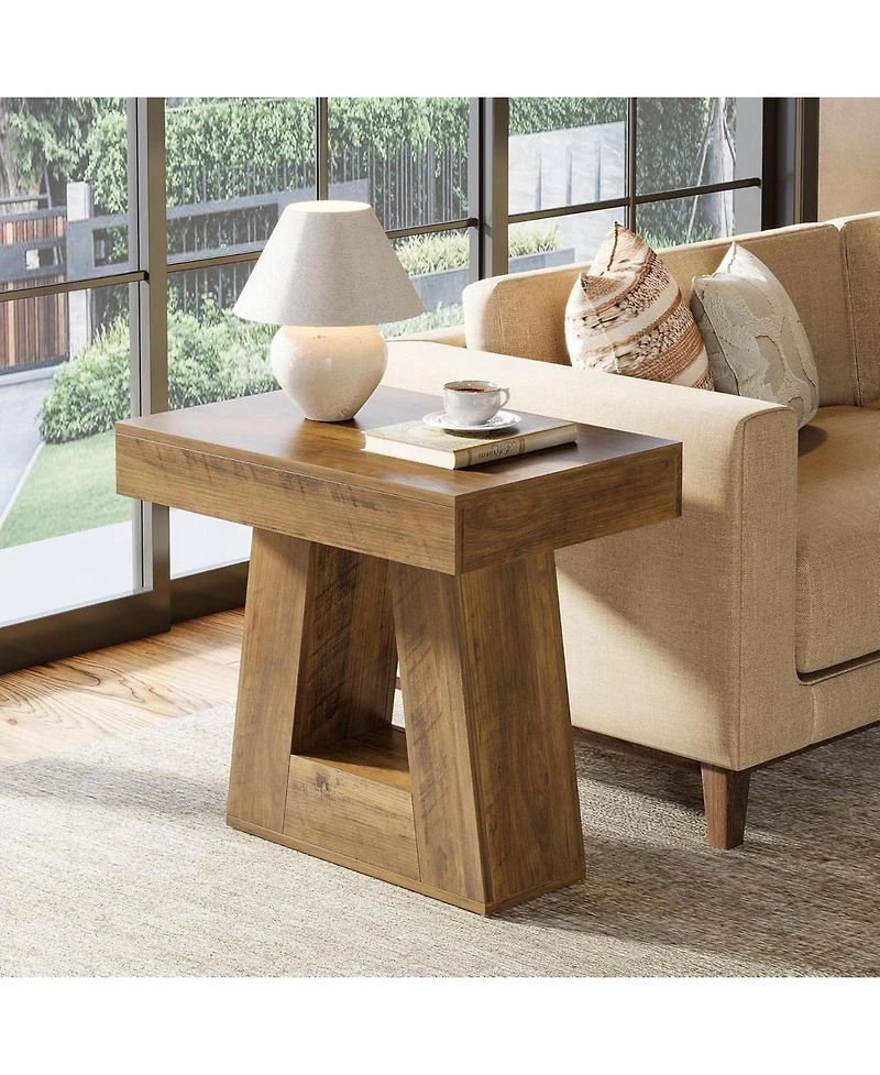 Tribesigns 24" Modern Side Table, 2-Tier Narrow Wooden End Table with Trapezoid Base (1, Brown)