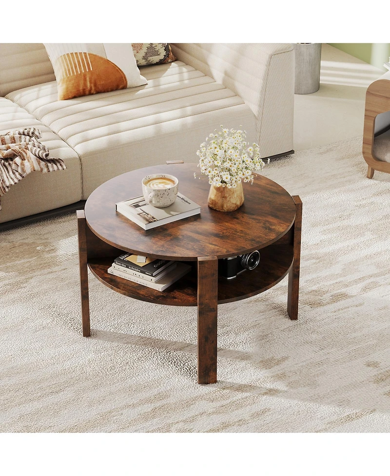 Gymax 29.5'' 2-Tier Round Coffee Table w/ Storage 4 Shelves Faux Wooden Top