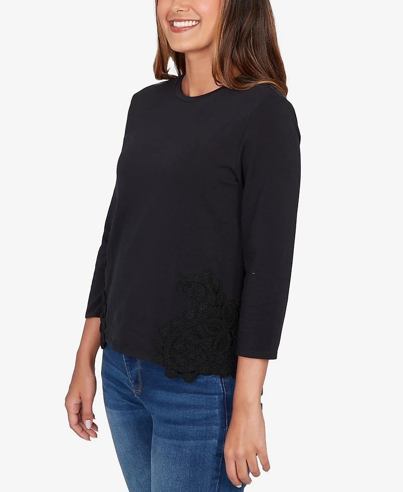 Ruby Rd. Petite Crochet Applique Stretch Knit Top