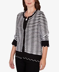 Ruby Rd. Petite Scallop Trim Striped Button Cardigan Sweater