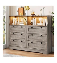 gaomon Modern 6 Drawer Dresser with Power Outlet and Led Light Large Capacity Wooden Storage Chest Tv Stand Dresser with Handles for Bedroom