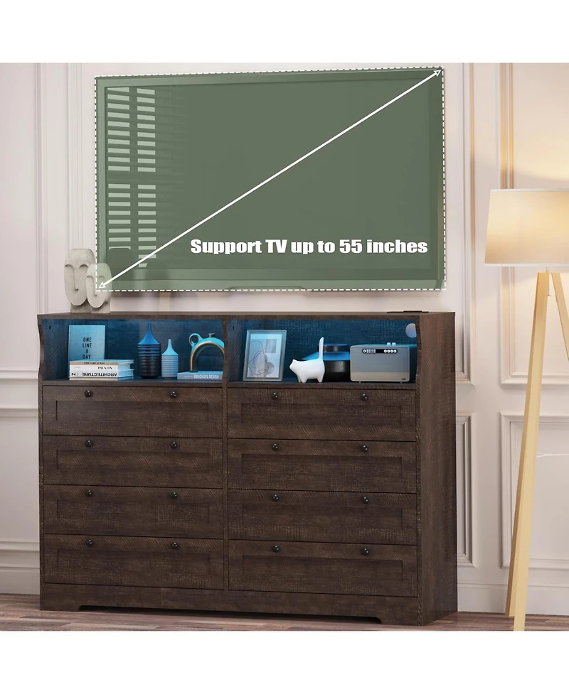 gaomon Dresser with 8 Drawers Wood Bedroom Dresser with Charging Station and Led Lights Large Modern Chest of Drawers for Bedroom Living Room Hallway