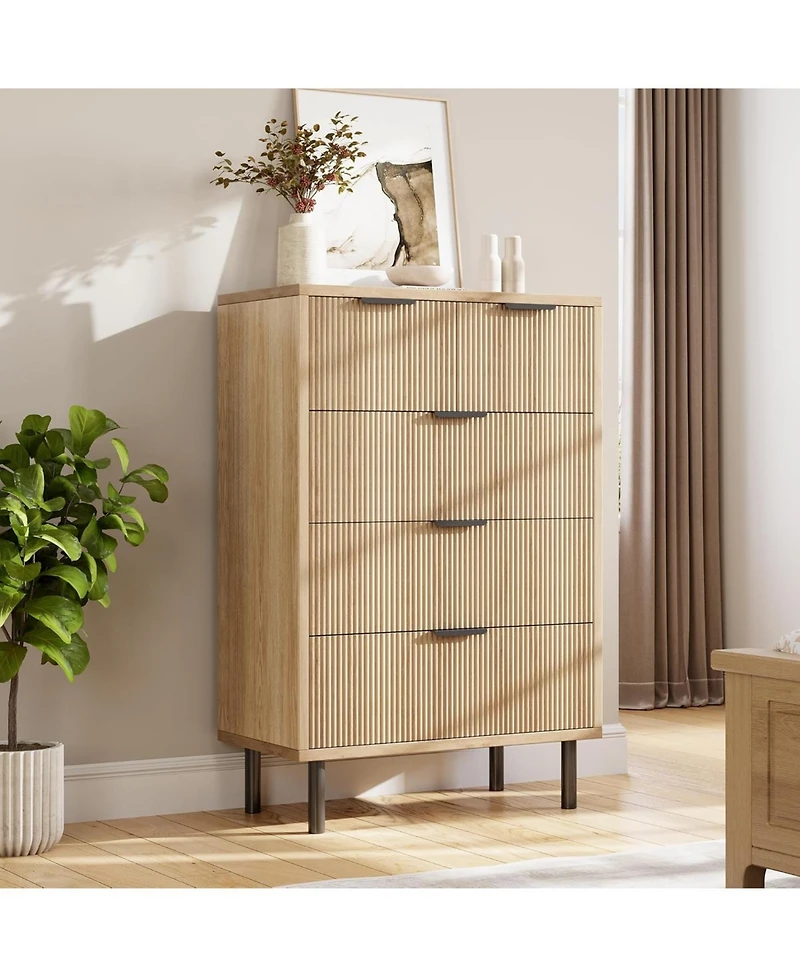 gaomon Oak Fluted 5 Drawer Dresser, Modern Chest with Wide Drawers, Metal Legs, for Bedroom, Entryway, Hallway