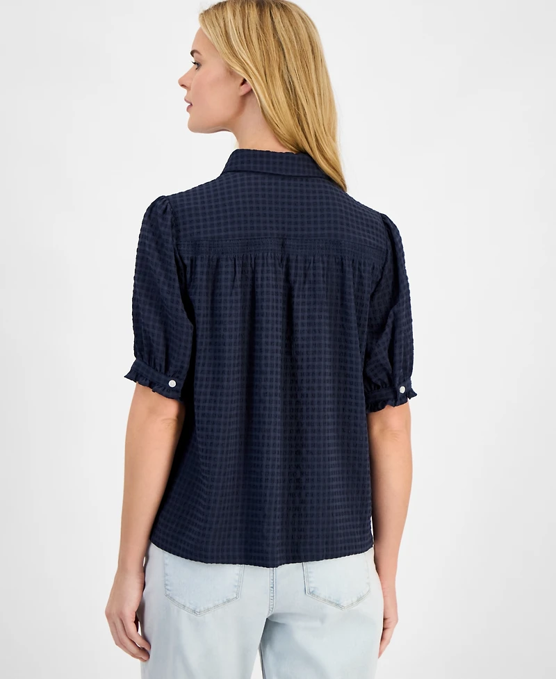 Nautica Women's Checked Short-Sleeve Smocked Blouse