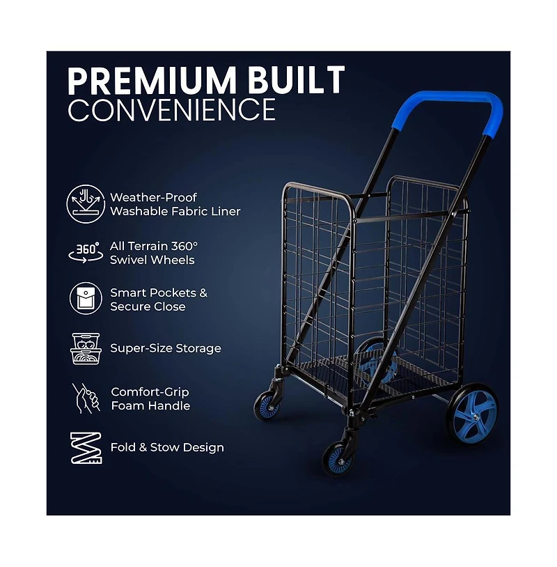 SereneLife Folding Utility Cart with Liner, Heavy-Duty, 360° Swivel Wheels, 70 lb Capacity, Portable for Groceries