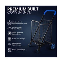 SereneLife Folding Utility Cart with Liner, Heavy-Duty, 360° Swivel Wheels, 70 lb Capacity, Portable for Groceries
