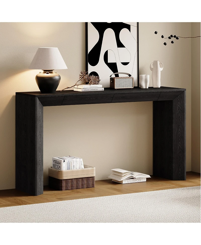 Lovmor 60" Modern Farmhouse Console Table with 2 Concealed Drawers, Waterfall Design Entryway Table with Thickened Legs