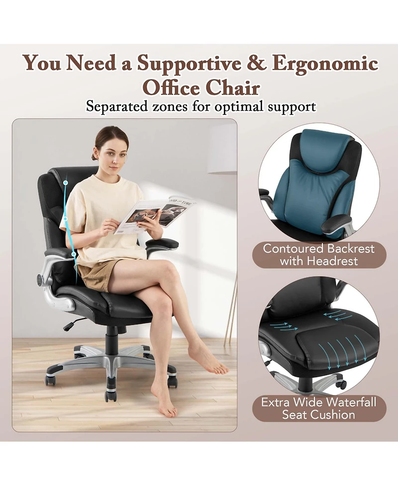 Ergonomic Office Chair Pu Leather Executive Swivel with Flip-up Armrests