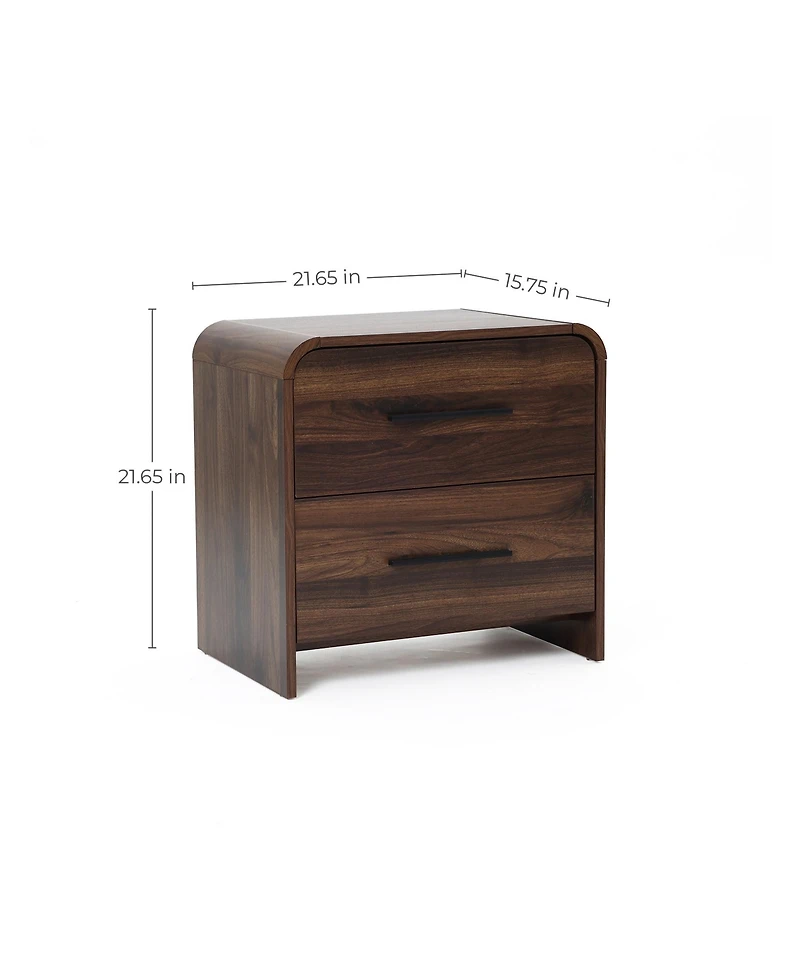 LuxenHome Walnut Finish 2-Drawer Nightstand & End Table, Engineered Wood with Rounded Corners