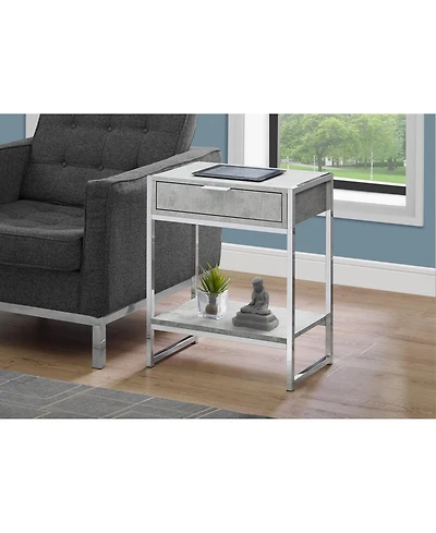 Lovmor Accent Table, Side, End, Nightstand, Lamp, Storage Drawer, Living Room, Bedroom, Grey Laminate, Chrome Metal, Contemporary, Modern