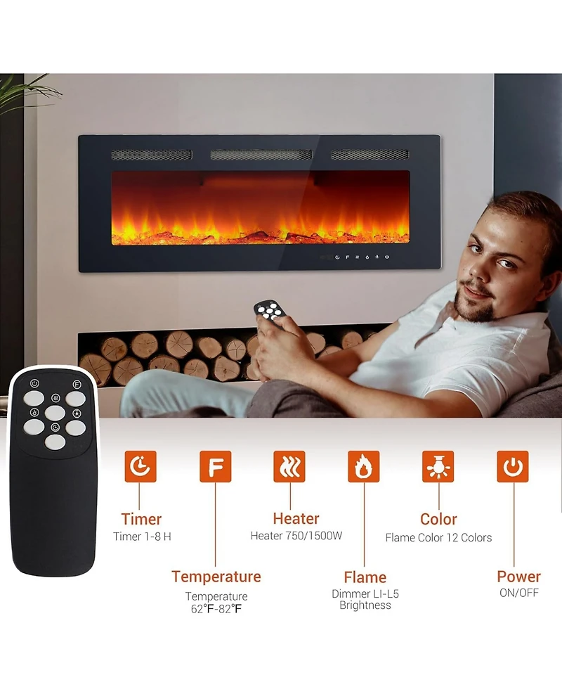 Gaomon 40" Wall Mounted/Recessed Electric Fireplace, 12 Flame Colors, Remote Control, 750/1500W, Log & Crystal