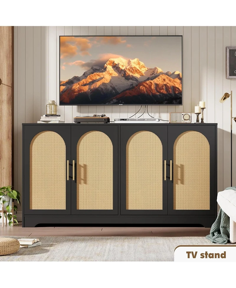 gaomon 59" Sideboard Buffet Cabinet - Large Credenza Storage with 4 Rattan Doors, Modern Console Table Accent Coffee Bar
