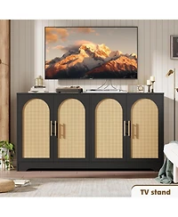 gaomon 59" Sideboard Buffet Cabinet - Large Credenza Storage with 4 Rattan Doors, Modern Console Table Accent Coffee Bar