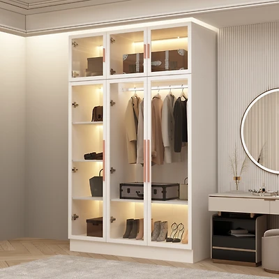 Homsee 47 Inch W Glass Doors Armoires Metal Frame Wardwore with Led Lights, Hanging Rod (74.8 in. H x 19.2 in. D