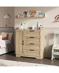 gaomon 43.3'' Small Wardrobe Closet, Wardrobe Cabinet with Door, 4 Drawers and Handing Rod, Wooden Clothes Cabinet 4 Drawer Dresser