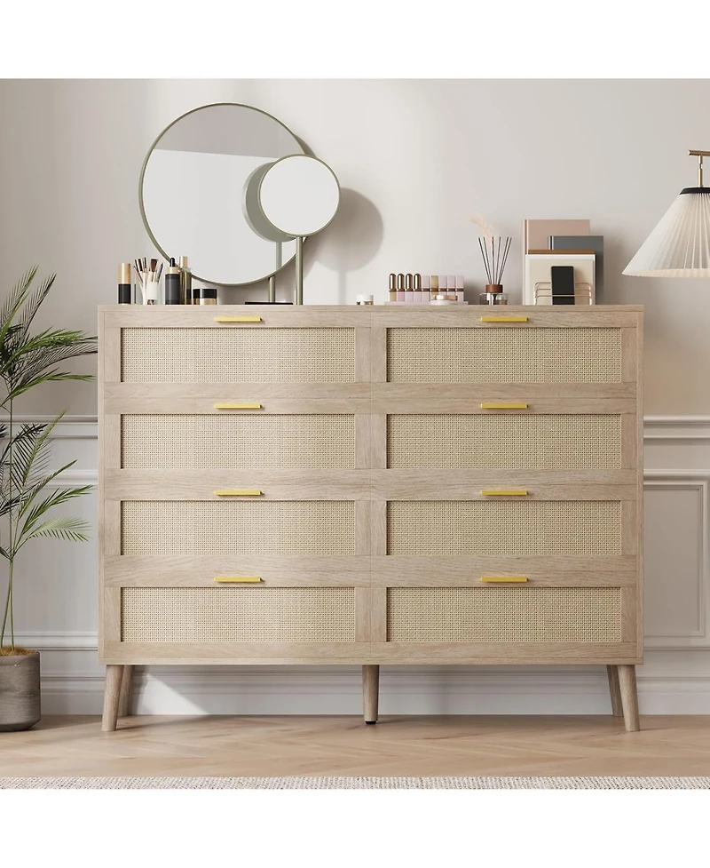 gaomon Rattan 8-Drawer Double Dresser, Modern Wood Storage Chest with Gold Handles for Bedroom, Living Room, Closet, or Entryway