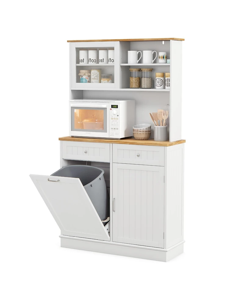 Gymax Double Tilt Out Trash Cabinet w/ Hutch Kitchen Pantry Storage Cabinet
