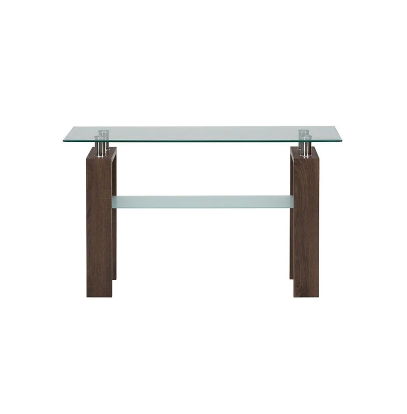 Jofran Compass Clear Modern Glass Sofa Table, Brown Wood and Glass