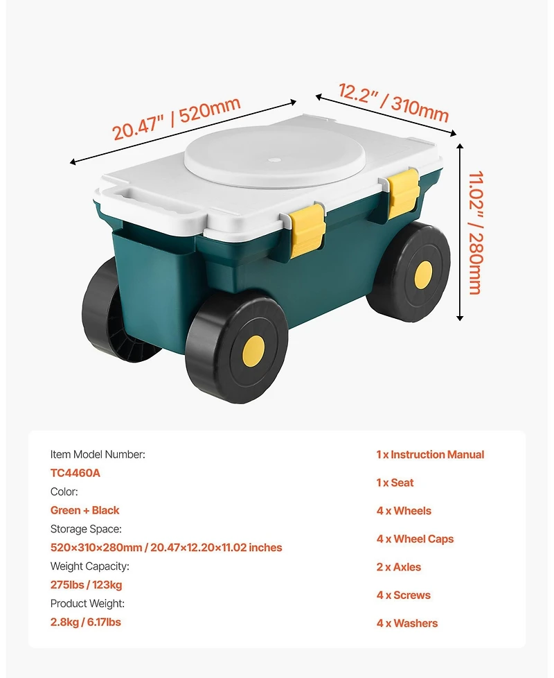 Sugfit 2-in-1 Rolling Garden Scooter with Storage Bin & 227 lb Weight Capacity