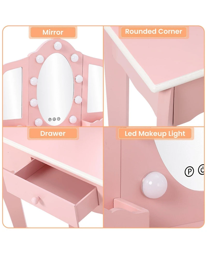 gaomon Kids Vanity with Lighted Mirror, Little Girls Table & Stool, Makeup Tri-Fold Drawer Storage Grid for 3-9 Yrs